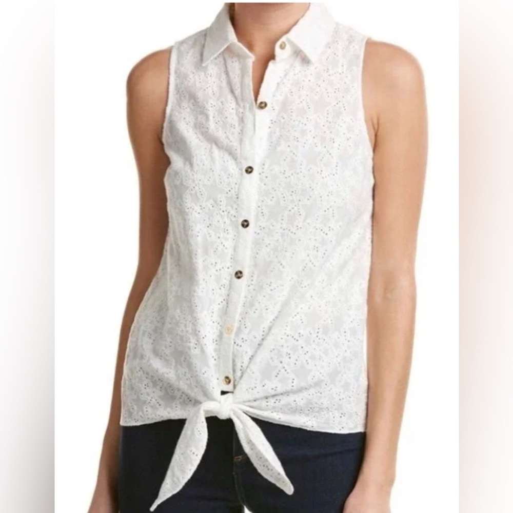 Trina Turk Embroidered Star Eyelet Sleeveless‎ Front Tie Top SZ SM Beachy